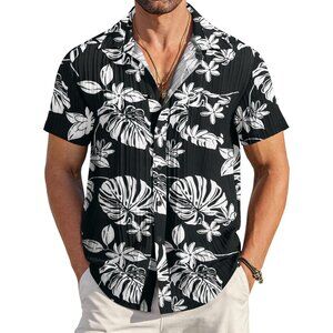 Men's Black Casual Button Down Shirts Short Sleeve Textured Summer Beach Shirt